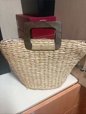 Woven Straw Tote Bag with Dark Brown Square Handles